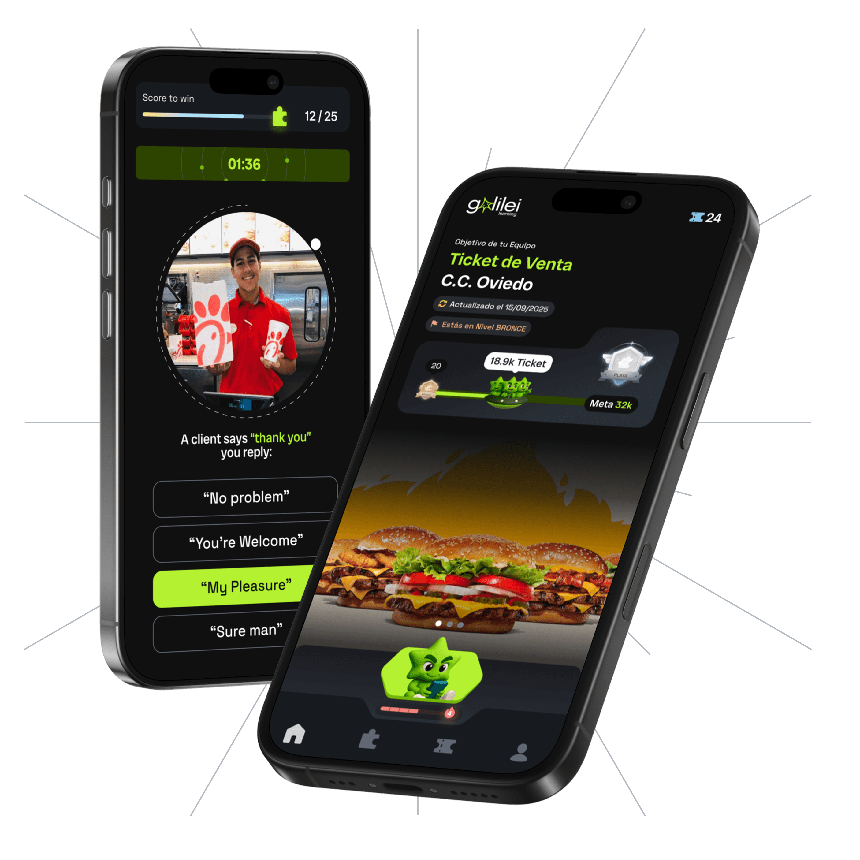 Galilei app mockup · pantallas de juego y dashboard